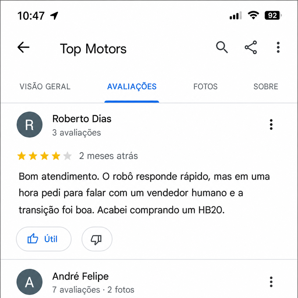 Avaliação 4 estrelas no Google de Roberto Dias para Top Imóveis